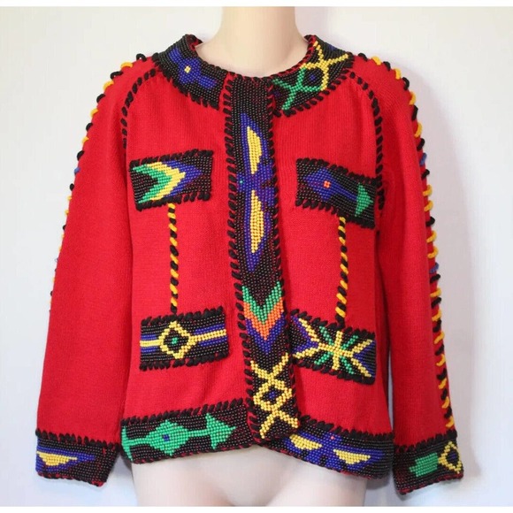 Vintage 90's Michael Simon Beaded Cardigan Thick Knit Sweater Red Size 1 H14823 - Picture 2 of 12